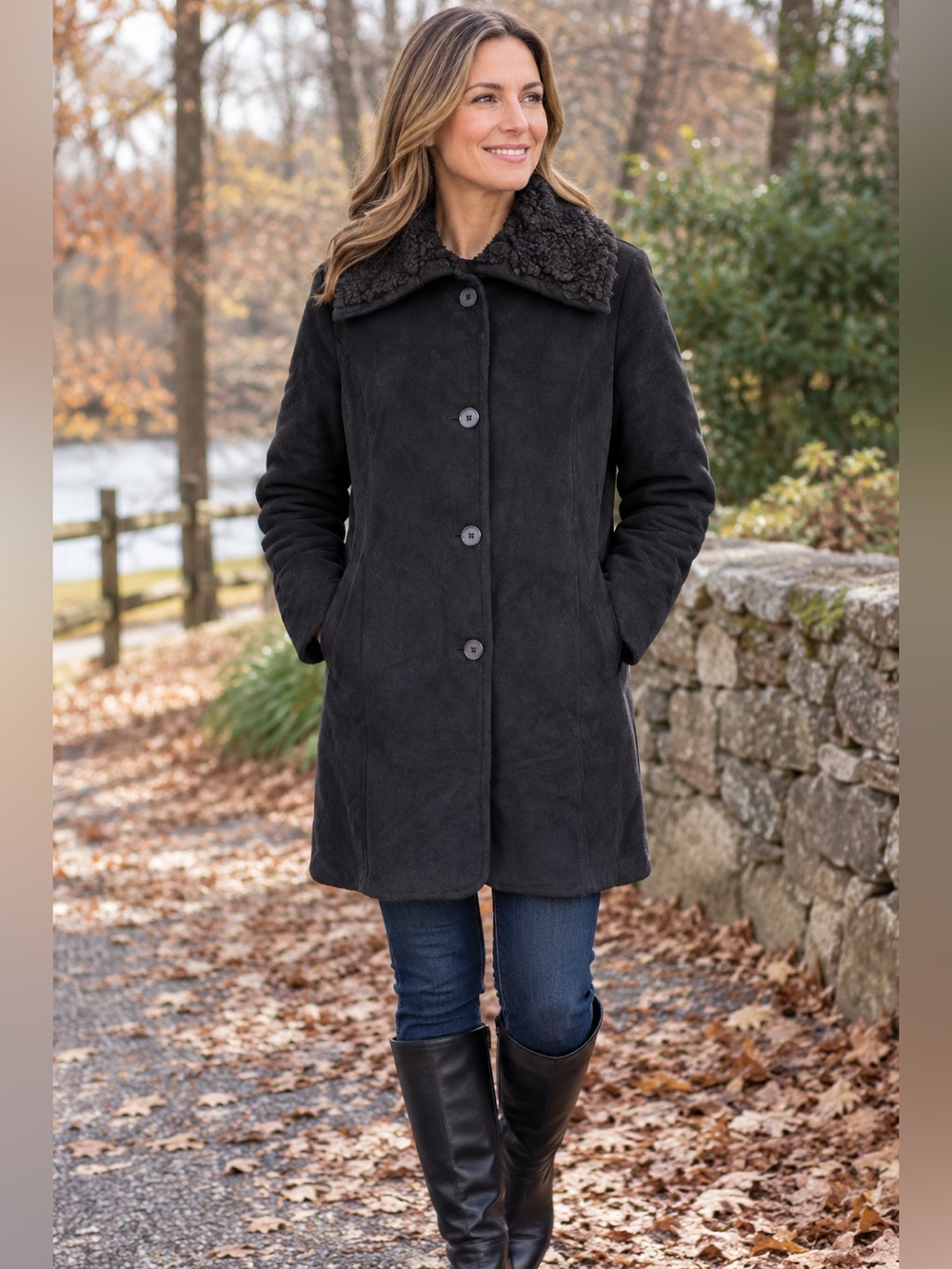 Talbots Coat Size 8 Black Faux Suede Outer Shell Shearling Interior Four Button